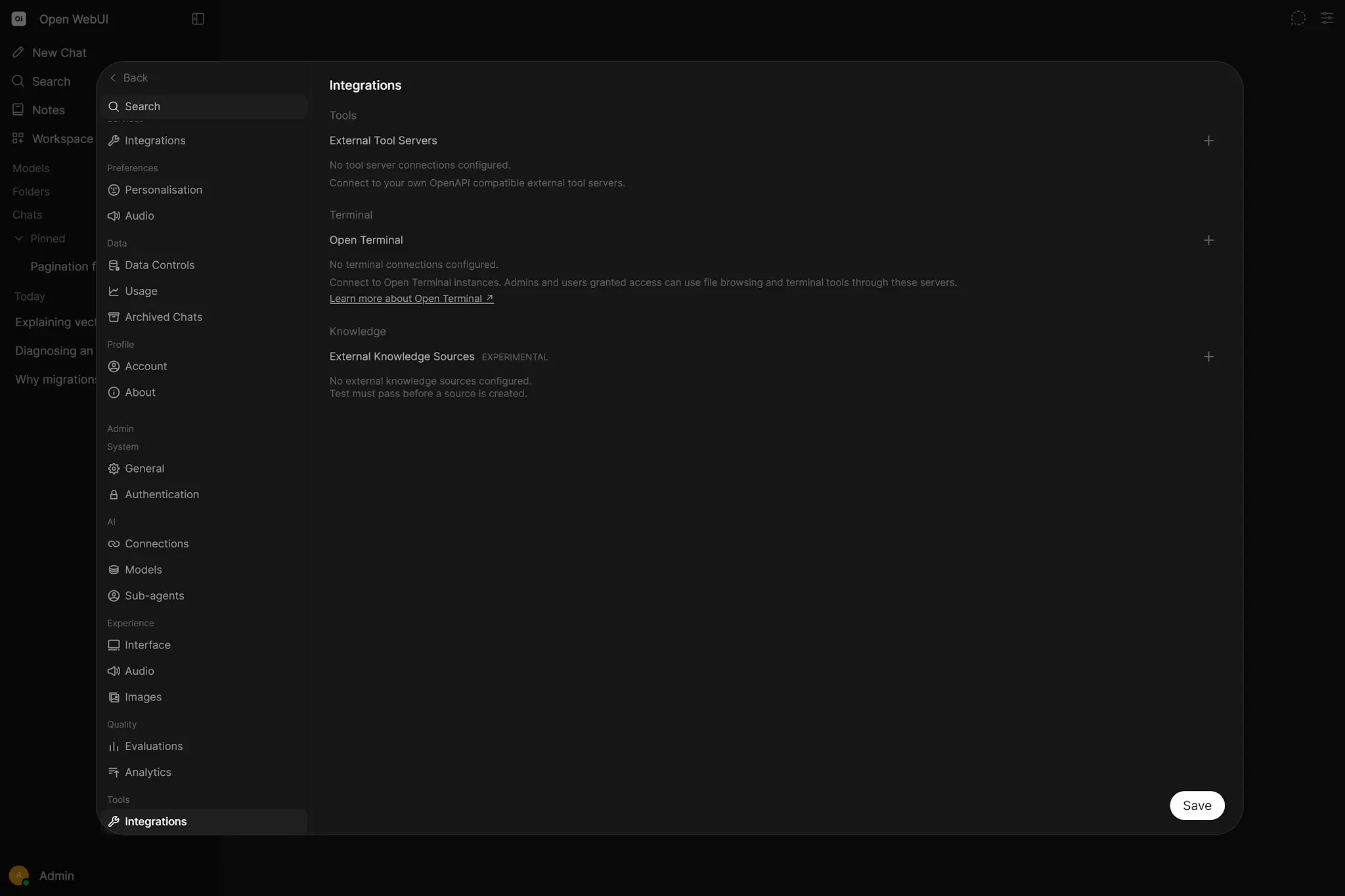 Open WebUI Admin Integrations page for external tool servers